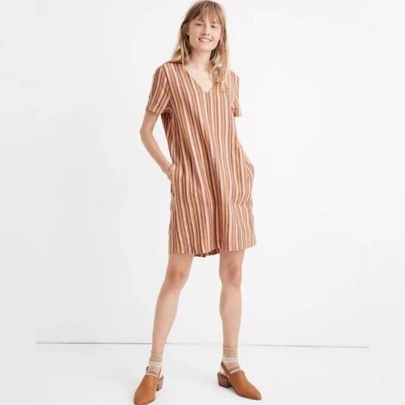 Madewell Linen Button-Back Easy Mini V-neck Short Sleeve Dress Rainbow Stripe S - Picture 4 of 11